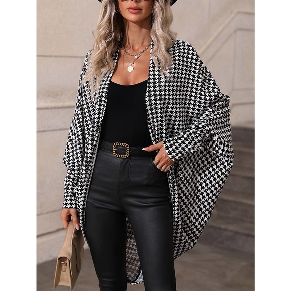 Houndstooth Batwing Sleeve Open Front Coat cardigan black white - Picture 1 of 5